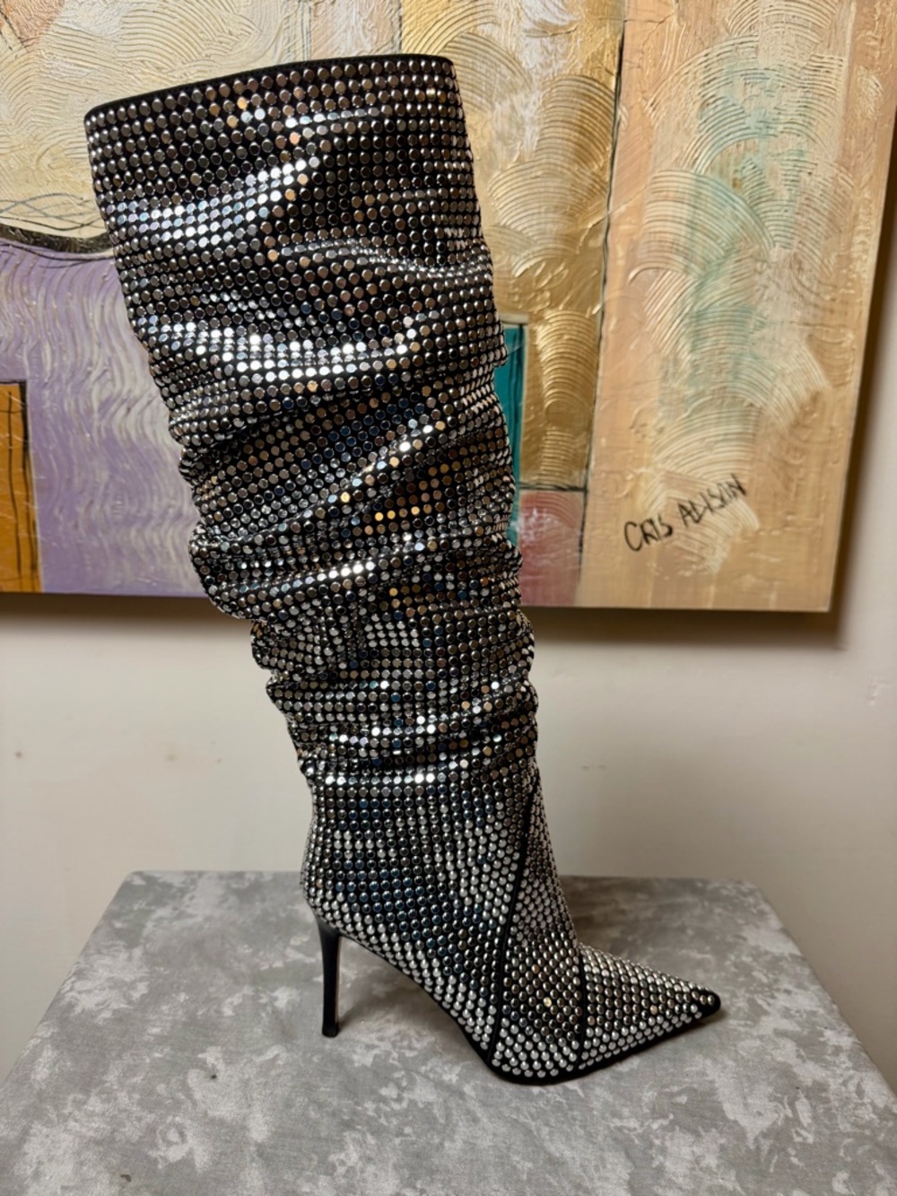New Michael Kors Black Rhinestone Slouchy Knee-High Stiletto Boot Size 7